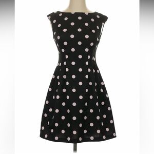 Vince Camuto Pink Polka Dot Scuba Dress Sleeveless Pockets Cocktail Black Flare